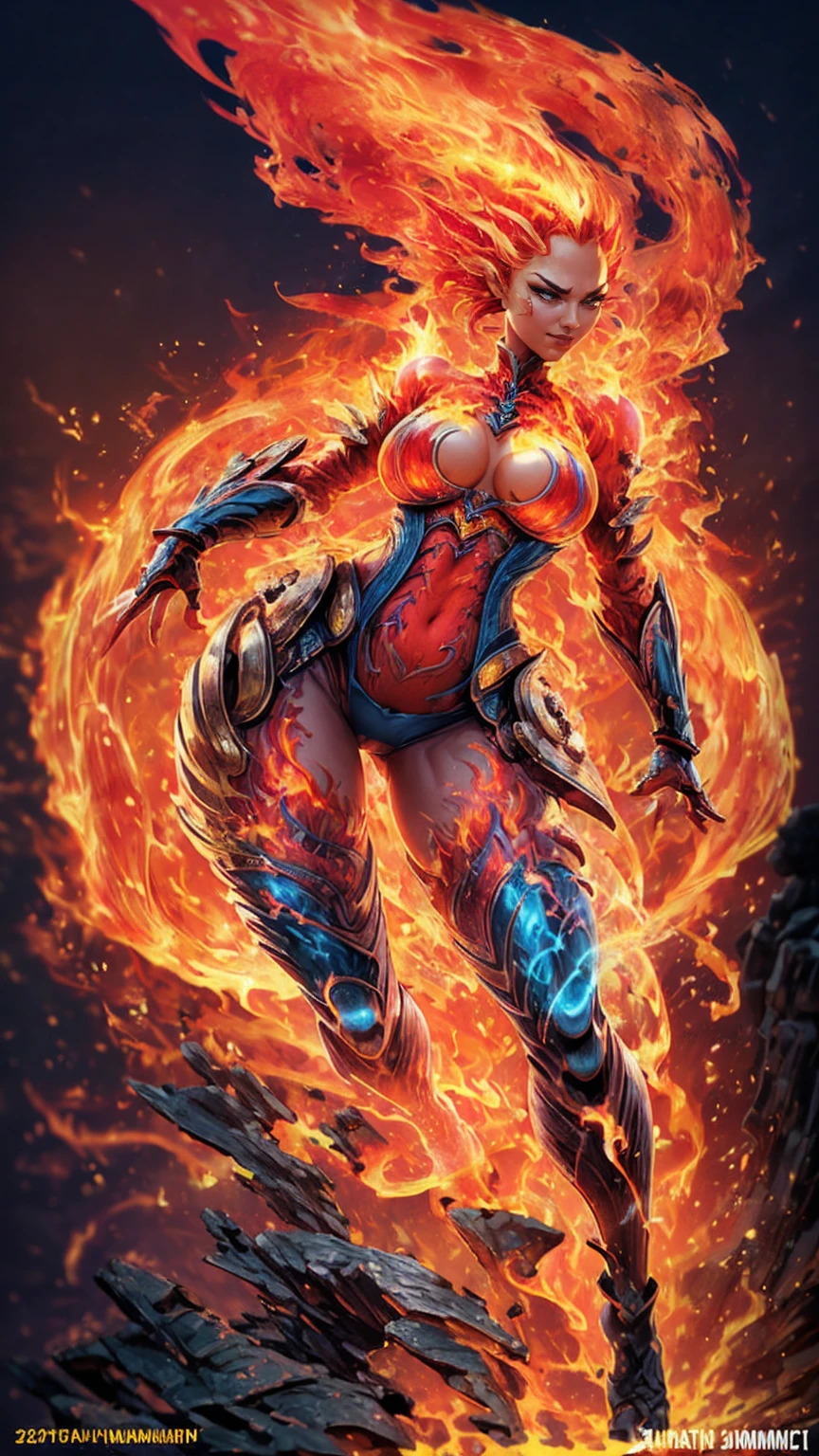 Fantasyart、(top-quality、​masterpiece:1.2)、ultra-detailliert、(photoRealstic:1.1)、(sharp focus)、(A female spirit of melted flame that burns bright red:1.5)、(full body Esbian:1.4)、Detailed Molten Fire Elemental, demin wings、(Red and Yellow Blue Flame:1.5)、Being in a fantasy world。Fructal art of flame、kindly smile、beautiful face、A detailed face、perfectly proportions、、,  、navel、buttock、 gap、thighs thighs thighs thighs、(Dynamic Poses:1.5)、Steampunk style、Detail Master 2、steampunc、Movie girl、Girl melts、