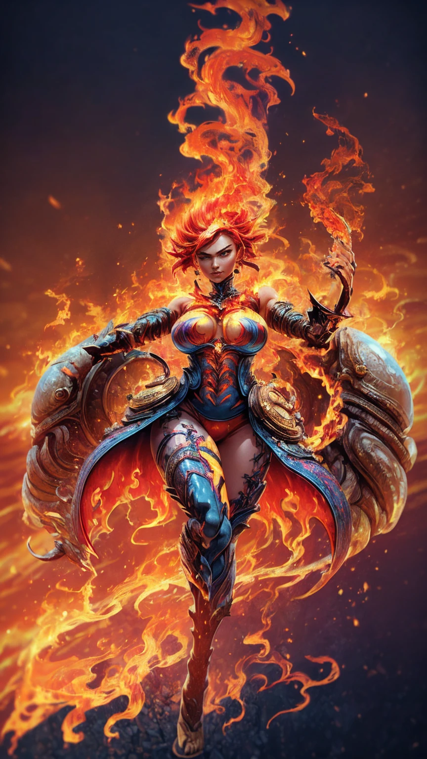 Fantasyart、(top-quality、masterpiece:1.2)、ultra-detailliert、(photoRealstic:1.1)、(sharp focus)、(A female spirit of melted flame that burns bright red:1.5)、(full body Esbian:1.4)、Detailed Molten Fire Elemental, demin wings、(Red and Yellow Blue Flame:1.5)、Being in a fantasy world。Fructal art of flame、kindly smile、beautiful face、A detailed face、perfectly proportions、big breasts、busty, curvy hips、navel、buttock、Crotch gap、thighs thighs thighs thighs、(Dynamic Poses:1.5)、Steampunk style、Detail Master 2、steampunc、Movie girl、Girl melts、
