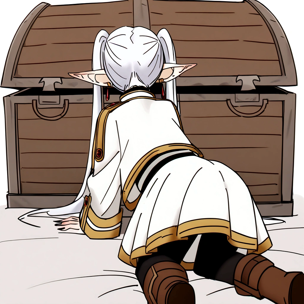 nereirfpnxl, frieren, pointy ears, 1girl, twintails, white hair, black pantyhose, boots, brown footwear, white jacket, white skirt, all fours, from behind, mimic chest made of wood, Many fangs up and down, Bitten by the box, 