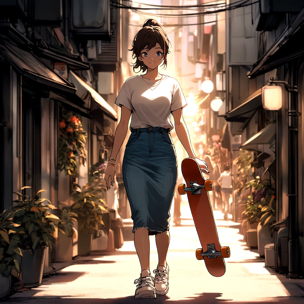 A female character in Tsukasa Hojo style, wearing a denim skirt, a white t-shirt, and a pair of white sneakers. Her hair is styled in a loose ponytail, and she has a bright, cheerful smile. She is walking down the street, carrying a skateboard.