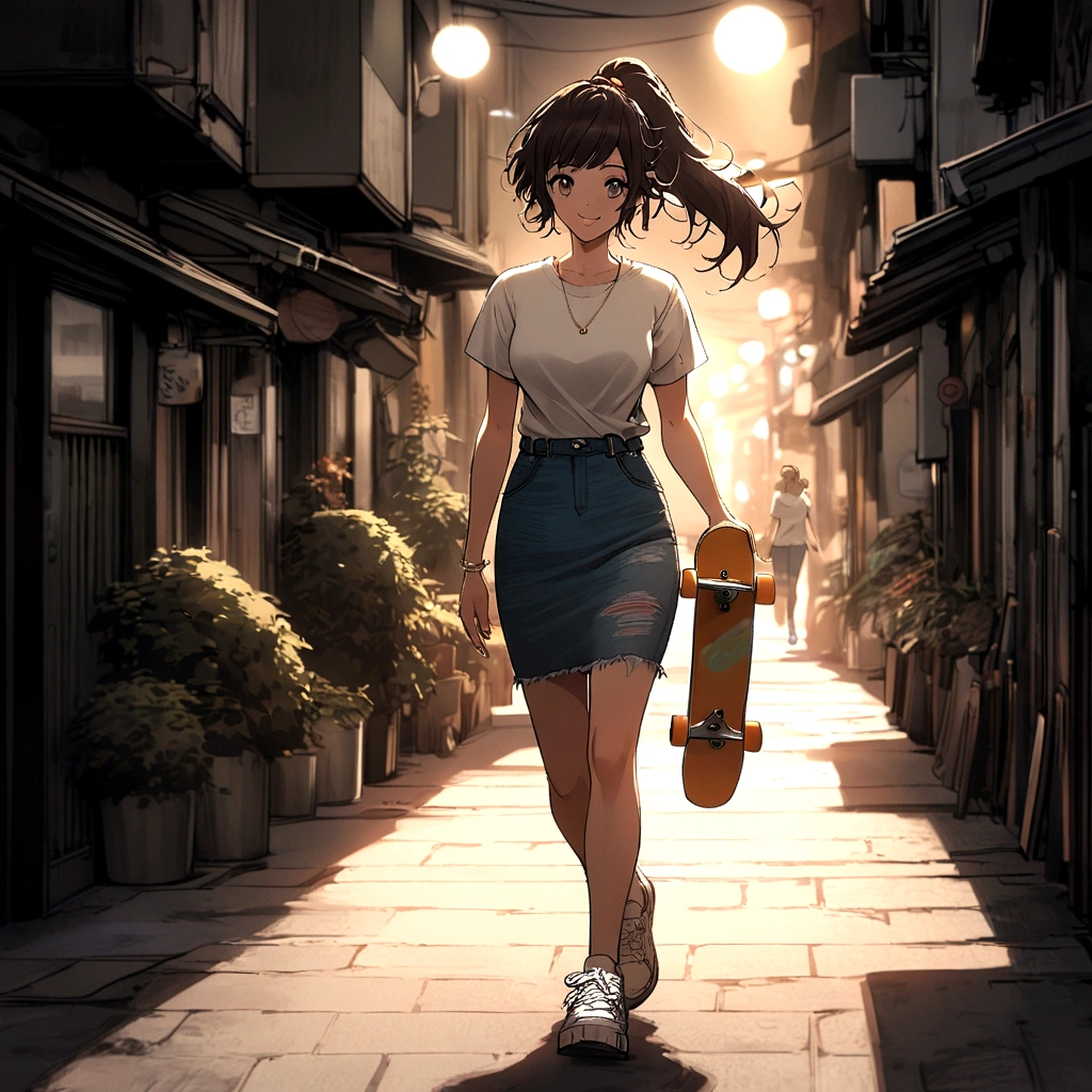 A female character in Tsukasa Hojo style, wearing a denim skirt, a white t-shirt, and a pair of white sneakers. Her hair is styled in a loose ponytail, and she has a bright, cheerful smile. She is walking down the street, carrying a skateboard.