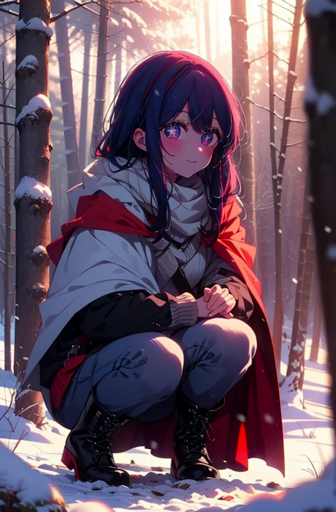 aihoshino, Ai Hoshino, Long Hair, bangs, (Purple eyes:1.1), Purple Hair, (Symbol-shaped pupil:1.5), smile,,smile,blush,White Breath,
Open your mouth,snow,Ground bonfire, Outdoor, boots, snowing, From the side, wood, suitcase, Cape, Blurred, , forest, White handbag, nature,  Squat, Mouth closed, Cape, winter, Written boundary depth, Black shoes, red Cape break looking at viewer, Upper Body, whole body, break Outdoor, forest, nature, break (masterpiece:1.2), Highest quality, High resolution, unity 8k wallpaper, (shape:0.8), (Beautiful and beautiful eyes:1.6), Highly detailed face, Perfect lighting, Extremely detailed CG, (Perfect hands, Perfect Anatomy),