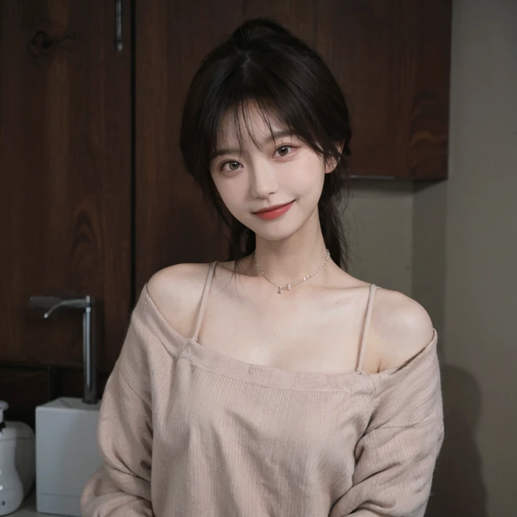 best quality, Ultra high resolution, （actual: 1.4), cute hair clip，Baoyu girl，1girll, Beautiful 18 year old girl with slim figure:1.4, abs:1.1, ( Brown hair, medium bust: 2.0), long pink sweater: 1.1, bathroom, super smooth face, exquisite eyes, eyelids, smile, necklace