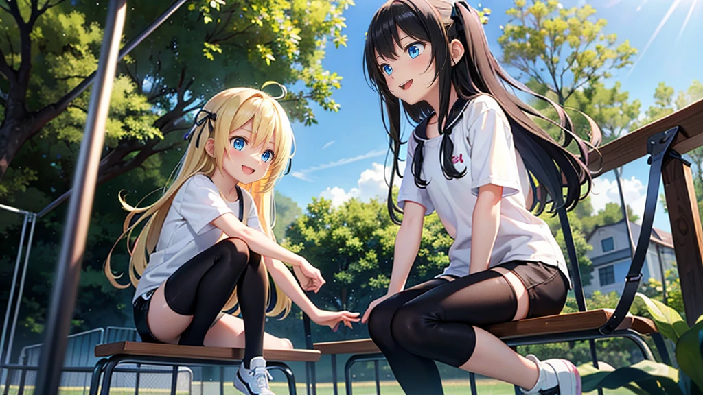 10 year old and 8 year old girls、blonde, Long Hair, blue eyes, Black hair ribbon,  white shorts, Black leggings, Happy, Hilarious, Day, outside, White shoes, flat, short, Playing on the jungle gym in the park
