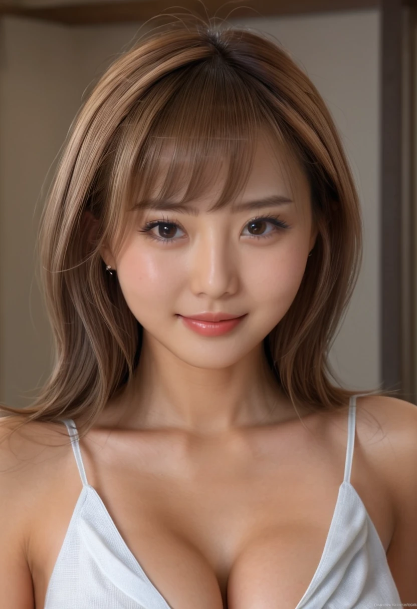 23 years old　Japanese　Beauty　woman　Light brown hair　Happy expression　high resolution　Uncle Preference　Close ~ eyes　Cute　Straight medium hairstyle　Shot from a little to the left　Glossy, radiant skin　8K Photo, Highest quality, masterpiece, Realistic, Realistic　Pointed, shiny lips　Mouth open　smile,  Super cute face, My Room，Beautiful clavicle，Glossy lips, Attractive appearance, 8K resolution, High detail, Detailed face, Spectacular movie lighting,  Serious expression, Ultra-realistic, Perfect limbs, Perfect Anatomy