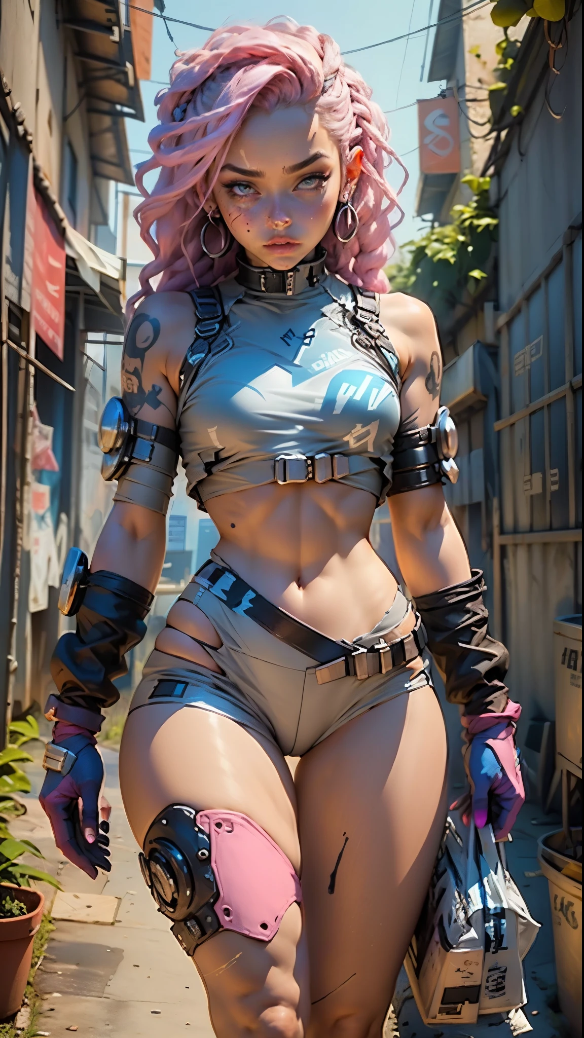 Woman body defined thick thighs cybernetic body parts, short , Maria Chiquinha blue and pink braided hair, gothic makeup 