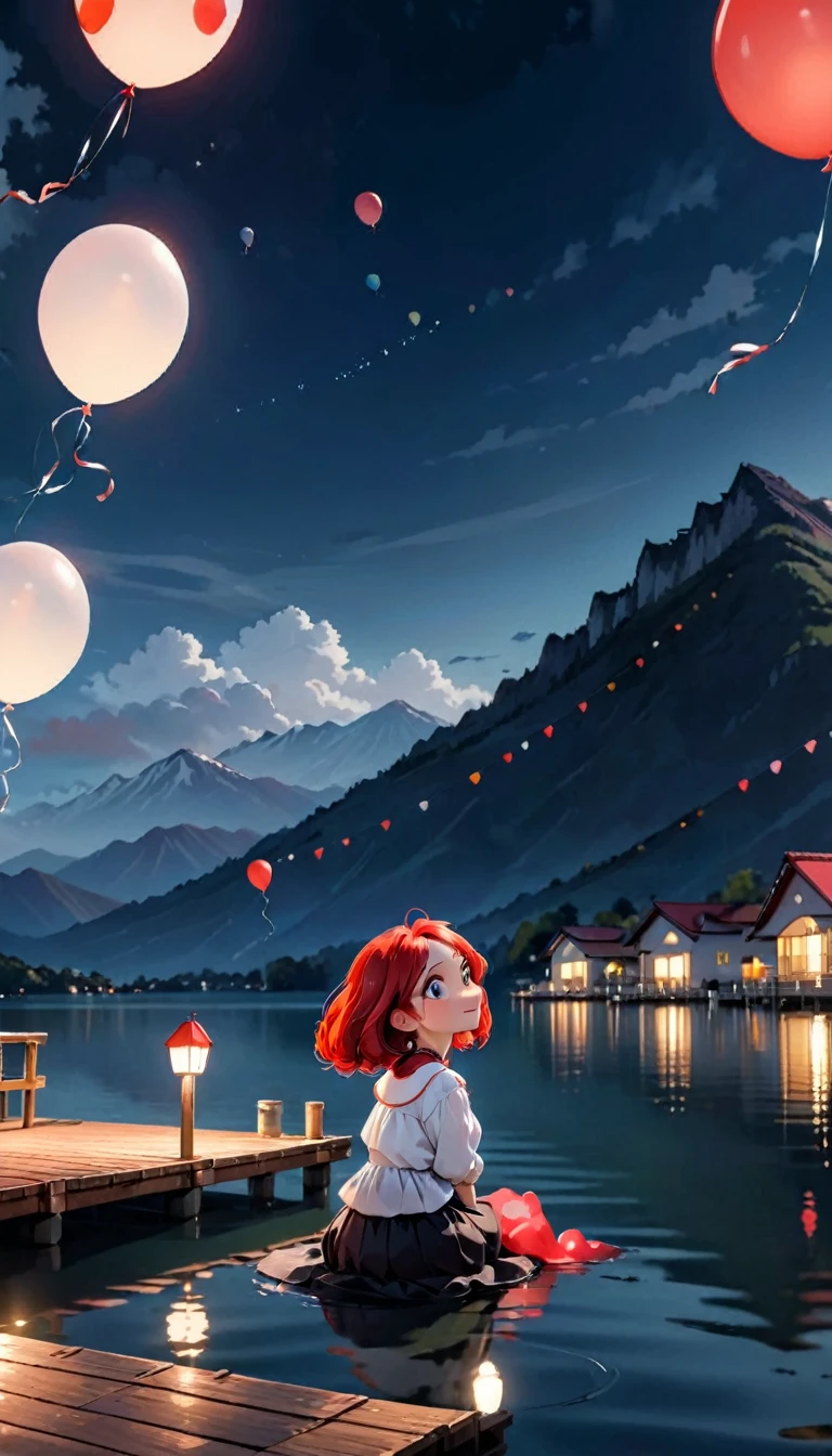 In a dark night, in a lake, in the background a mountain with some white houses and a red roof, with many cantoya balloons floating through the sky and some over the lake, out of focus a woman looking up at the sky, sitting on the edge of a small pier, 