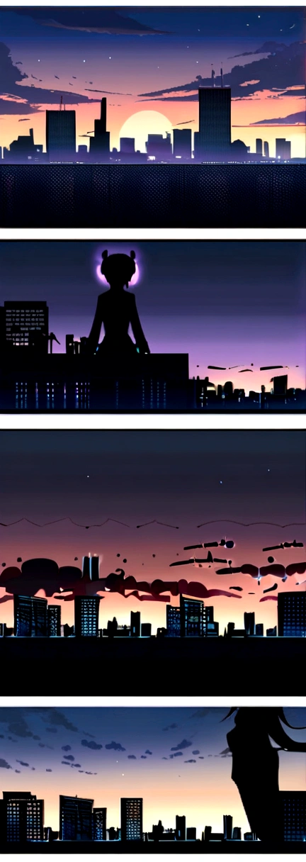 anime,silhouette,One girl, star (null), cloud, cityscape, building, city, Outdoor, nullscraper, city lights, night, night null, sunset, nullline