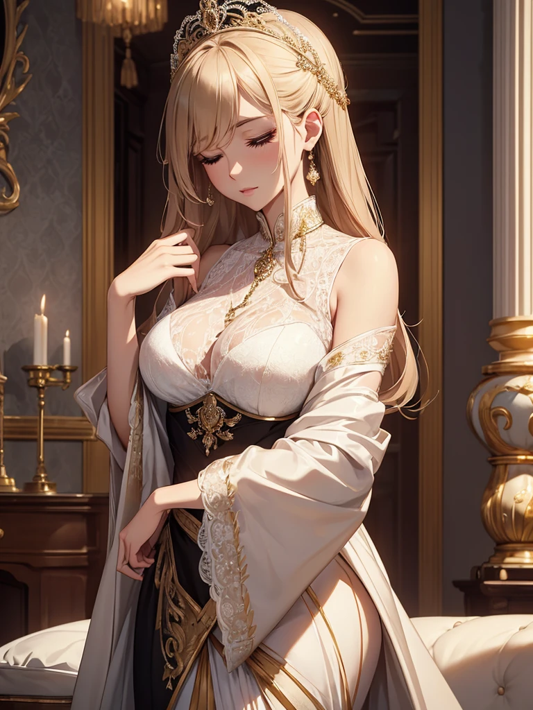 (masterpiece、top-quality、hight resolution、Unity 8k Wallpaper、extremely details CG:1), A wealthy and gentle housewife is depicted in a luxurious, dimly-lit room, caught in the moment of infidelity. She is elegantly dressed, but her refined demeanor is momentarily replaced by a mix of guilt and desire. She is leaning in towards a well-dressed man, their faces close as if about to kiss. The setting is intimate, with plush furniture and opulent decor, highlighting her affluent lifestyle. Her eyes are closed, her lips slightly parted, revealing a rare moment where her usually composed and serene nature gives way to a forbidden passion. nsfw