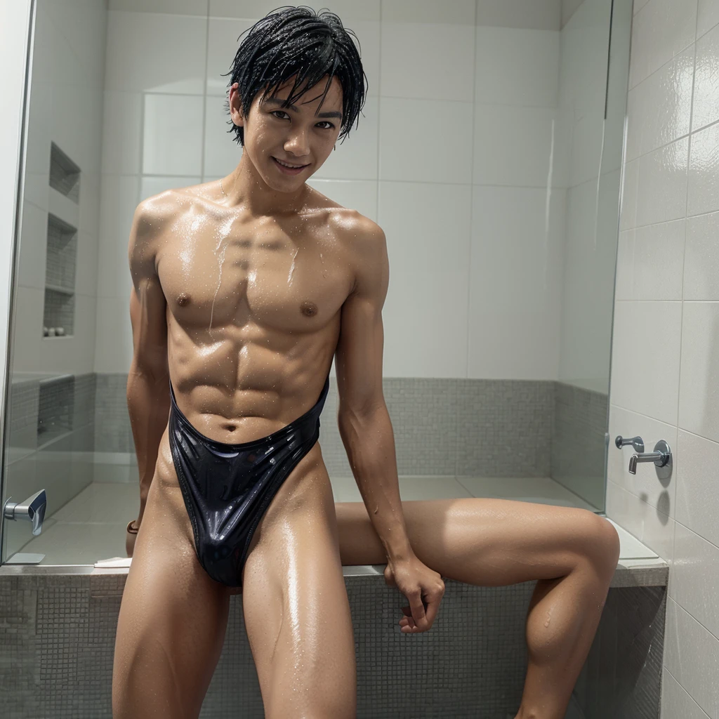 Pretty Wet Japanese slim boy in black adidas onepiece swimsuit thong, black High-cut racing back one piece swimsuit thong, solo, cute smile, Boy with wet short black hair, very white skin, the boy has a seductive look, looking_at_viewer, Cool boy, shiny blue and purple one piece swimsuit thong, shiny_hair, water, indoors, garments: shower, a boy with slim waist, small abs, the boy is sitting on the shower wearing adidas one piece swimsuit thong showing his open ass with wild open legs
