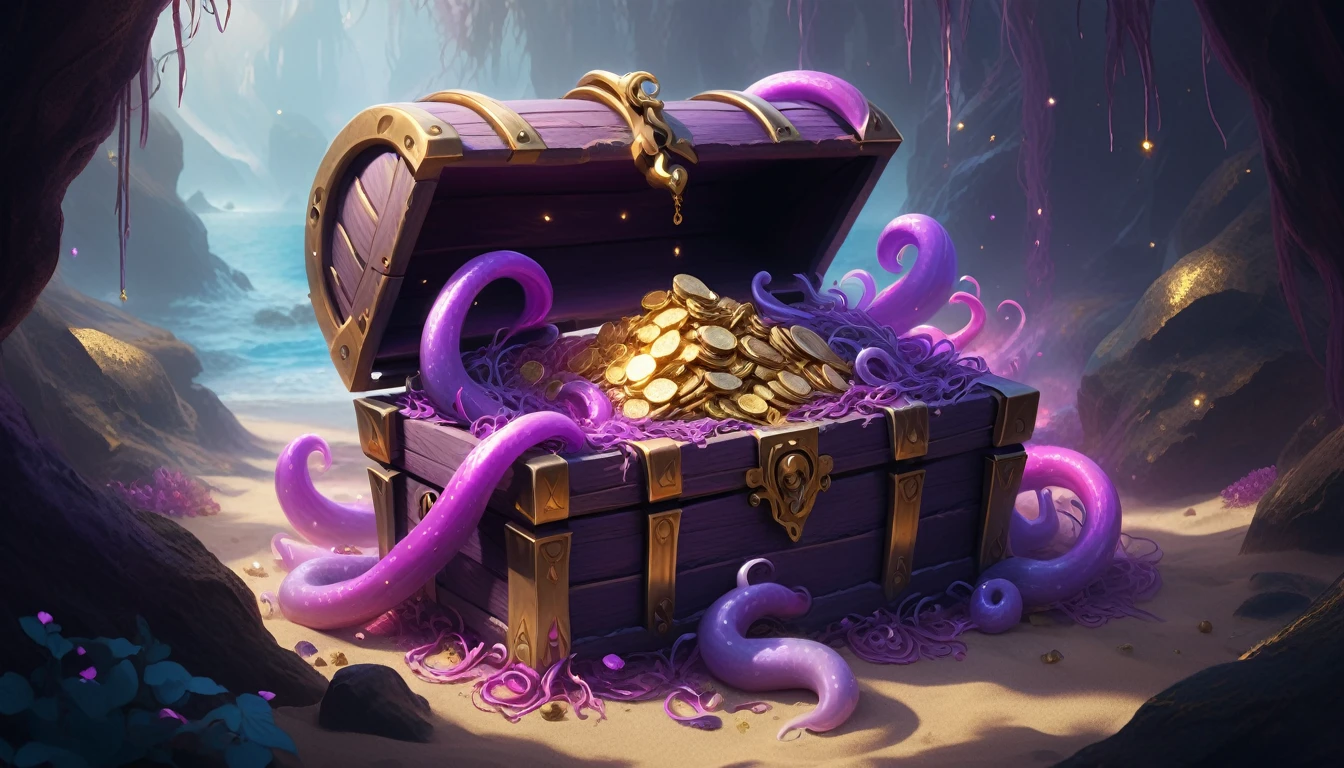 pink and purple tentacles extend from inside a treasure chest filled with gold and silver treasures.