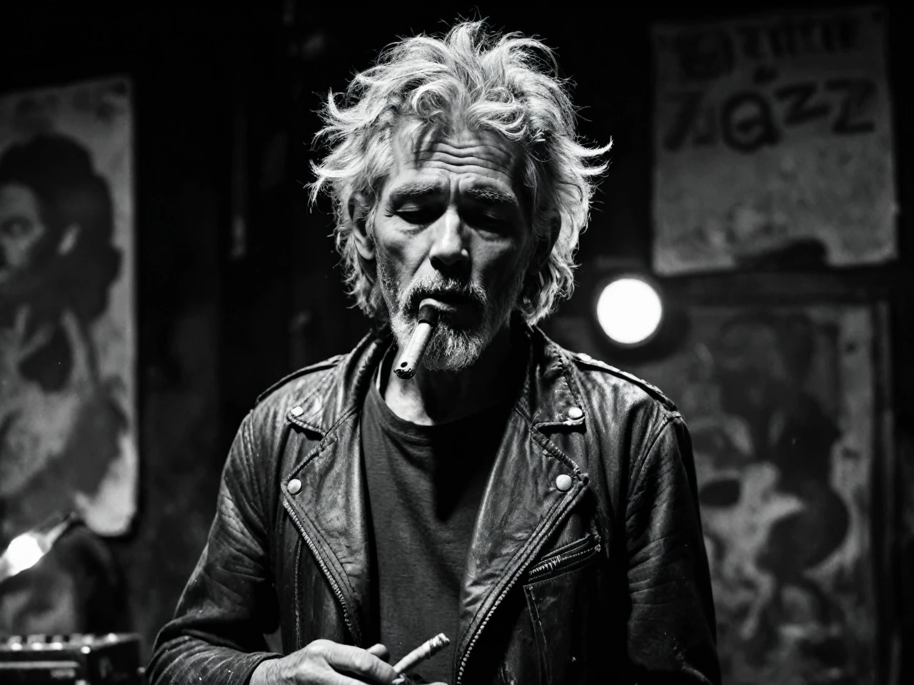 In the smoke, Underground Jazz Club, A gray-haired one、Disheveled hair、Old hippie in a torn leather jacket plays the harmonica energetically, The air is filled with the soulful melodies of jazz. The bar is dimly lit, Retro posters and messy stage. The medium is a rough black and white sketch, Capturing the raw and authentic essence of a performance. The artistic style is reminiscent of urban street art, The lines are rough,Sharp contrast. The color palette is monochrome, Deep black and pure white accentuate the musician's rugged appearance. The lighting is dramatic, A spotlight illuminates the musician's expressive face and hands.