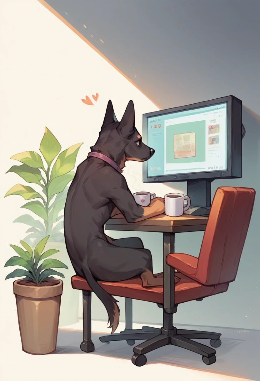 SD Main, Flat Illustration,
masterpiece, Highest quality,,No humans, Mug, plant, dog, cup, Chair, heart, potted plant, White Background, coffee Mug, Sitting, alone, playing video games, monitor