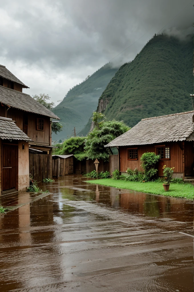 Village in rain