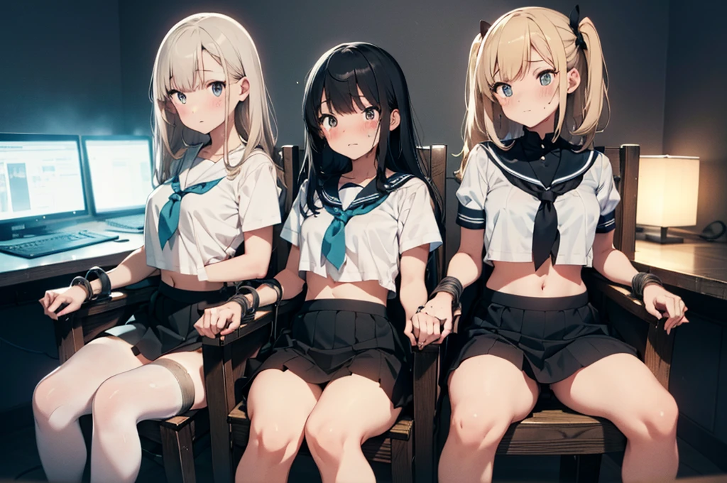 3 girls, strapped to chairs, tied up, (bondage chair:1.5), (blushing:1.5), (blushing, red face, crying, terrified), (ankle cuffs, ankles tied, wrist cuffs, wrists tied), long hair, beautiful eyes, (((short sleeves, tight clothing, sailor uniform, mini-skirt))), perfect body, perfect face, perfect eyes, detailed eyes, full body, focus on faces