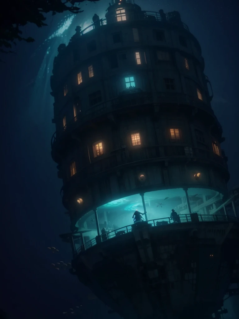 a close up of a ship in the water with people on it, ( ( makoto shinkai ) ), an underwater city, screenshot from the anime film, makoto shinkai cyril rolando, an immense floating castle, underwater city, makoto shinkai. —h 2160, bioshock concept art, howl\'s moving castle at night