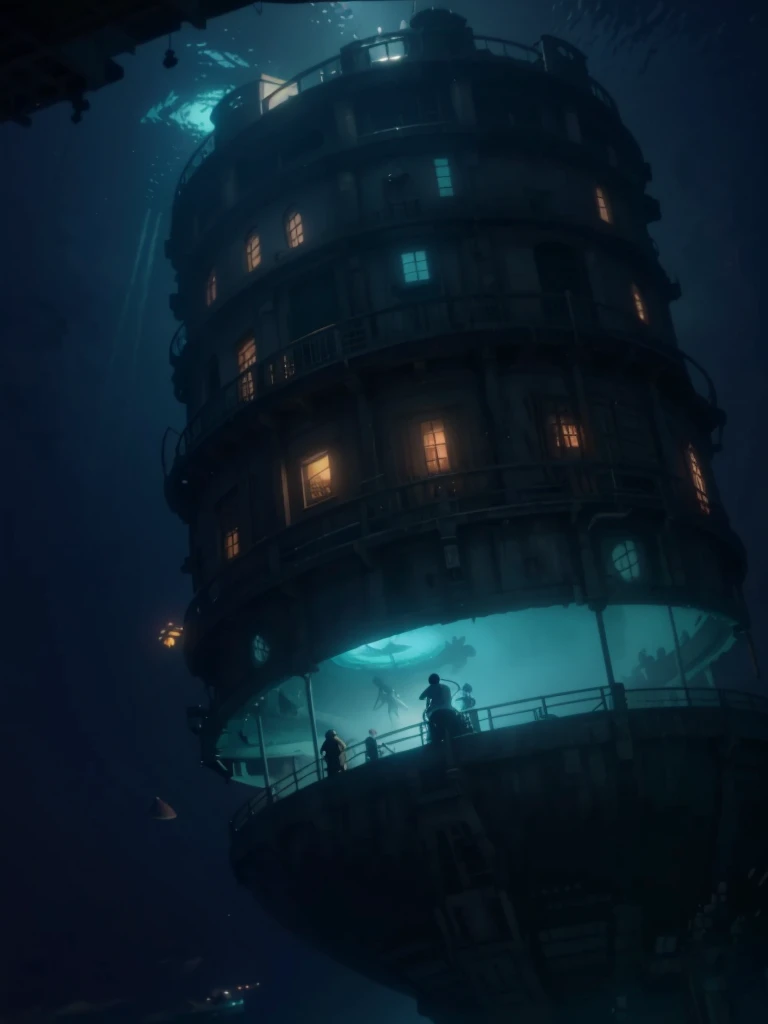 a close up of a ship in the water with people on it, ( ( makoto shinkai ) ), an underwater city, screenshot from the anime film, makoto shinkai cyril rolando, an immense floating castle, underwater city, makoto shinkai. —h 2160, bioshock concept art, howl\'s moving castle at night