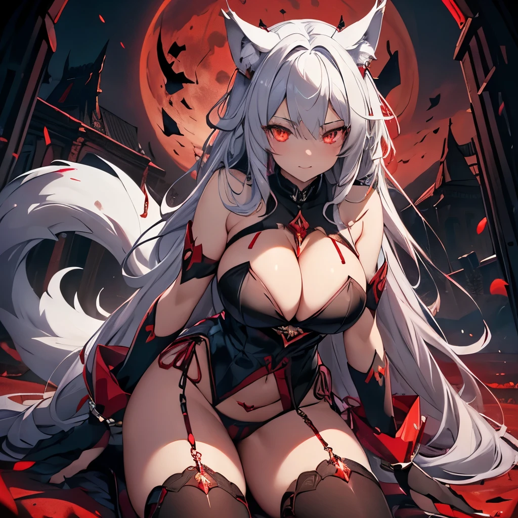 (masterpiece), Highest quality, Expressive eyes, Perfect Face,((One girl)),Animal ears,Animal tails,(Wolf Ear, Wolf's tail),((Silver Hair)),(Glowing red pupils),(:1.2),,(Wolf Girl:1.5),(Dark red and black idol:1.5),Crystal Pendant,Pointed Ears,Bracelet,bracelet,Wicked Smile,Are standing,Tilt your head,Dynamic Angle, pose,(Red Moon Scenery),(Red Night:1.1),(Red Sky 1:1),magic circle,Red Chain,arms,Scythe,holding arms down