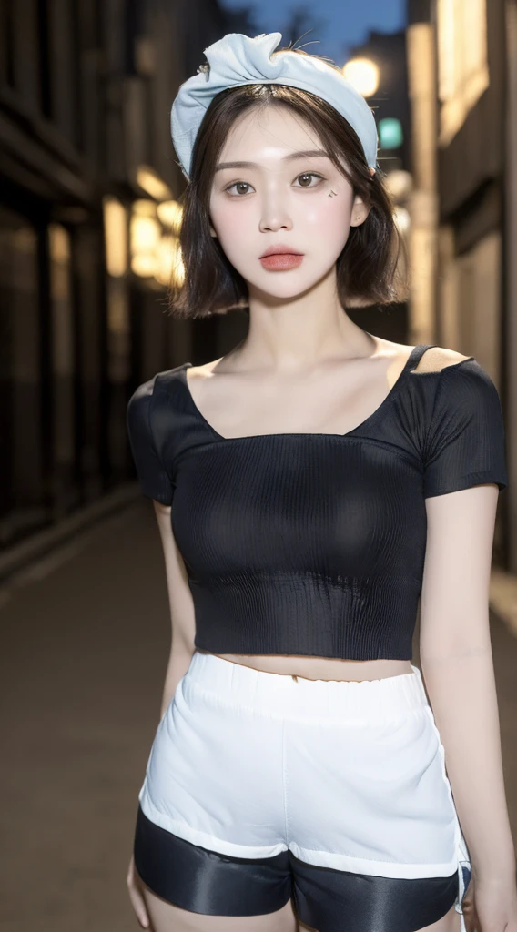 ((Best Quality, 8K, Masterpiece: 1.3)), (Flower Cap: 1.3), Focus: 1.2, Perfect Body Beauty: 1.4, Buttocks: 1.2, (Layered Haircut: 1.2)), (Dark Street: 1.3), Highly Detailed Face and Skin Texture, Full Body, Delicate Eyes, Double Eyelids, Whitened Skin, Long Hair, (Round Face: 1.5), (Loose Crop Top, Shorts: 1.6)