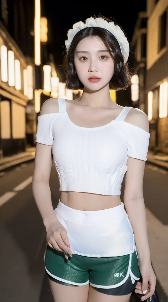 ((highest quality, 8k, masterpiece: 1.3)), (Flower Cap: 1.3), concentrated: 1.2, Perfect body beauty: 1.4, Hips: 1.2, (Layered Haircut: 1.2)), (Dark Street: 1.3), Highly detailed face and skin texture, whole body, Delicate eyes, double eyelid, White skin, Long Hair, (Round face: 1.5), (loose crop top, Shorts: 1.6)