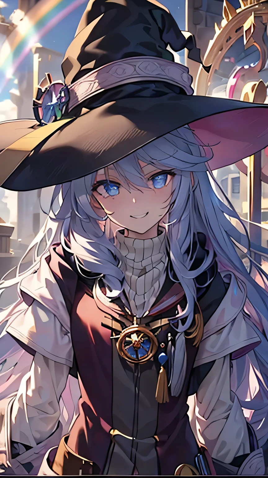 ((rainbow hair)), hair over shoulder, messy hair, hair over eyes, witch hat, wizard hat, grin, bright pupils, happy, anime, cinematic lighting, UHD, ((masterpiece)), super detail, (detailed eyes, detailed face), high quality, highres, high details, Witch with powerful magical light, female wizard, wide-brimmed hat, wizard's staff, wand, A torrent of light, colorful rays intersecting, (Right arm thrust out in front)