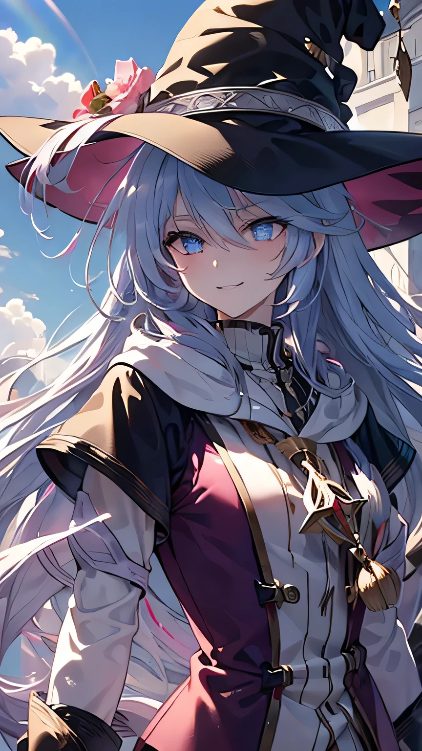 ((rainbow hair)), hair over shoulder, messy hair, hair over eyes, witch hat, wizard hat, grin, bright pupils, happy, anime, cinematic lighting, UHD, ((masterpiece)), super detail, (detailed eyes, detailed face), high quality, highres, high details, Witch with powerful magical light, female wizard, wide-brimmed hat, wizard's staff, wand, A torrent of light, colorful rays intersecting, (Right arm thrust out in front)