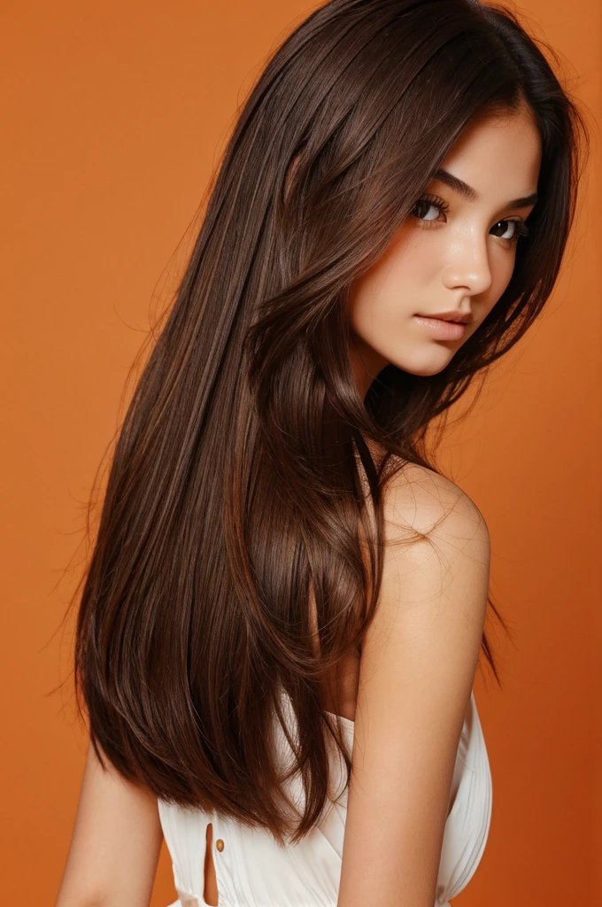 create a non bright orange background and over that a faceless girl with open hairs