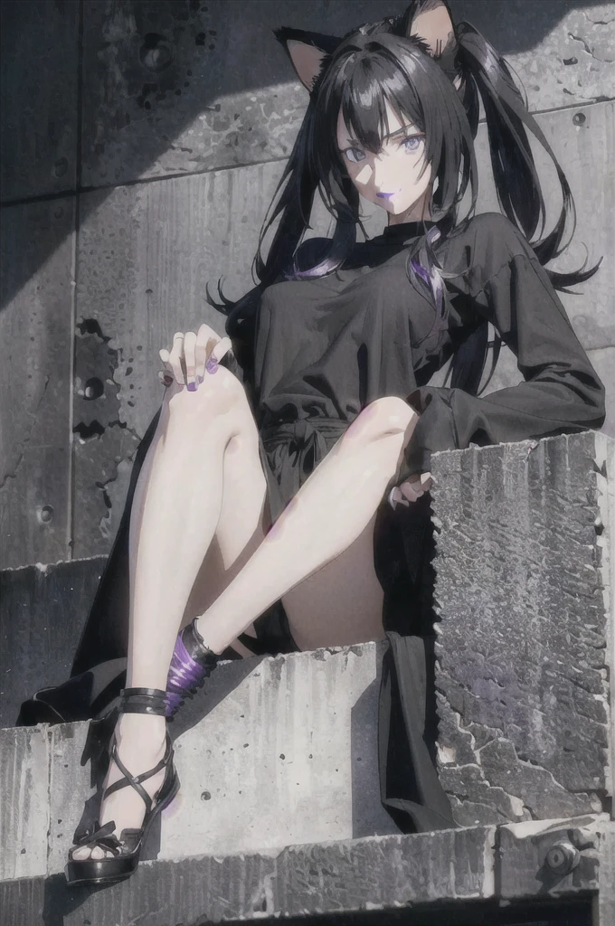 ((ultra realistic, increase resolution,)) very huge file size, ((((black simple background)))), anked, ((((realistic deep eyes, purple lipstick)))),((extremely detailed)), (photographrealistic:1.0), (ultra-detailliert:1.0), (8K, Raw photo:1.1)),(masterpiece),(best quality),(ultra-detailed),(best illustration),(best shadow),(absurdres),(black simple background),, , black hair, cat ears, cat tail, long hair, multiple tails, hair rings, looking at viewer, yellow eyes, legs, pale skin, makeup, , slit pupils, grown woman, Sitting, (crouching down), (open one's legs:1.5), model poses,   expression, cowboy shot, Make eye contact with the camera, happy smile, Dynamic Pose,high details, , awardwinning, top-quality, hight resolution, 8K, Delicate body, slim body, (from below:1.2), BREAK best quality, masterpiece,(photorealistic:1.4), vibrant color, 