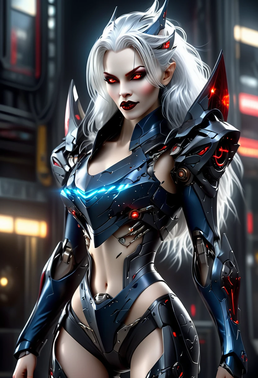 ((a photorealistic glamour shot of an exquisite, glamour mecha female vampire: 1.5)), ((full body: 1.3)), ultra feminine, pale face, silver hair, long vibrant shiny hair, glamorous hair,  red eyes, miniatures mechanical , deep penetrating eyes, red lips, lustful lips, ((two visible vampiric fangs: 1.5), drops of blood dripping from the mouth, ((cyberpunk style: 1.5)), she wears (blue elegant glamour dress, with small delicate mechanical parts: 1.4), digital parts,  intricate details, the dress is studded with diamonds, tight suit, dynamic color, high heels, cyberpunk street at night background, (highest quality:1.2, Very detailed, up to date, Vibrant, Ultra-high resolution, High Contrast, masterpiece:1.2, highest quality, Best aesthetics), best details, best quality, highres, ultra wide angle, 16k, [ultra detailed], masterpiece, best quality, (extremely detailed), Genetically modified..., Cinematic Hollywood Film, nijimecha, aetherpunkai
