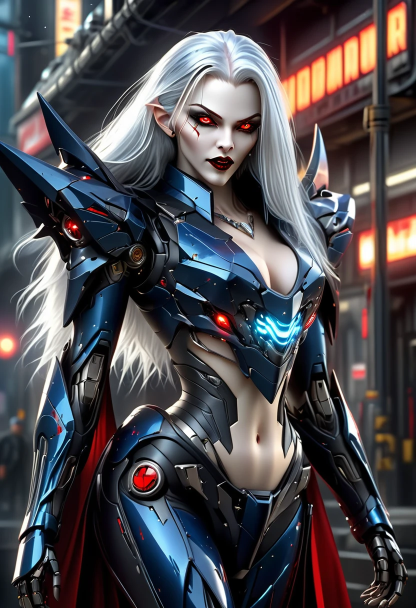 ((a photorealistic glamour shot of an exquisite, glamour mecha female vampire: 1.5)), ((full body: 1.3)), ultra feminine, pale face, silver hair, long vibrant shiny hair, glamorous hair,  red eyes, miniatures mechanical , deep penetrating eyes, red lips, lustful lips, ((two visible vampiric fangs: 1.5), drops of blood dripping from the mouth, ((cyberpunk style: 1.5)), she wears (blue elegant glamour dress, with small delicate mechanical parts: 1.4), digital parts,  intricate details, the dress is studded with diamonds, tight suit, dynamic color, high heels, cyberpunk street at night background, (highest quality:1.2, Very detailed, up to date, Vibrant, Ultra-high resolution, High Contrast, masterpiece:1.2, highest quality, Best aesthetics), best details, best quality, highres, ultra wide angle, 16k, [ultra detailed], masterpiece, best quality, (extremely detailed), Genetically modified..., Cinematic Hollywood Film, nijimecha, aetherpunkai