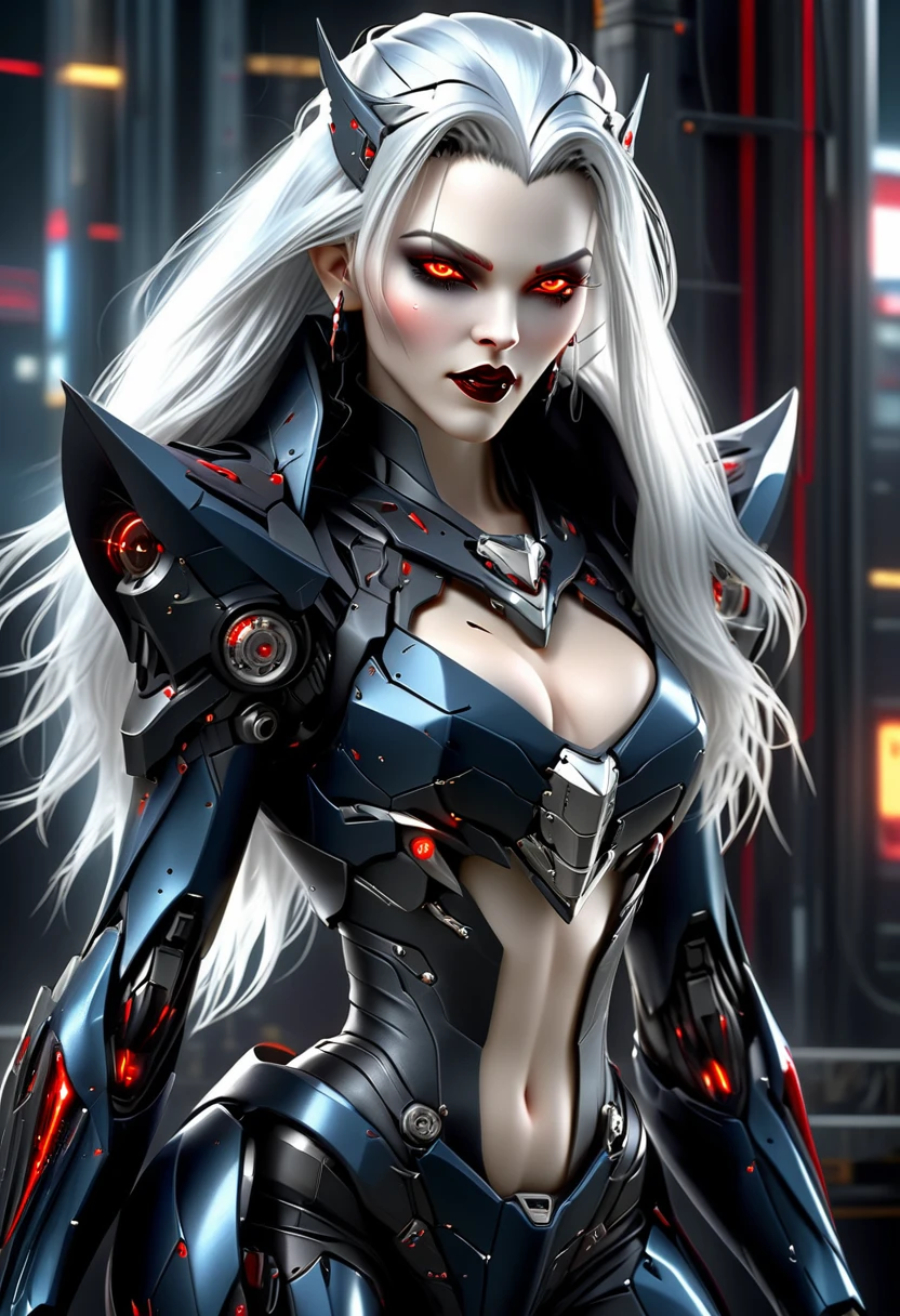 ((a photorealistic glamour shot of an exquisite, glamour mecha female vampire: 1.5)), ((full body: 1.3)), ultra feminine, pale face, silver hair, long vibrant shiny hair, glamorous hair,  red eyes, miniatures mechanical , deep penetrating eyes, red lips, lustful lips, ((two visible vampiric fangs: 1.5), drops of blood dripping from the mouth, ((cyberpunk style: 1.5)), she wears (blue elegant glamour dress, with small delicate mechanical parts: 1.4), digital parts,  intricate details, the dress is studded with diamonds, tight suit, dynamic color, high heels, cyberpunk street at night background, (highest quality:1.2, Very detailed, up to date, Vibrant, Ultra-high resolution, High Contrast, masterpiece:1.2, highest quality, Best aesthetics), best details, best quality, highres, ultra wide angle, 16k, [ultra detailed], masterpiece, best quality, (extremely detailed), Genetically modified..., Cinematic Hollywood Film, nijimecha, aetherpunkai