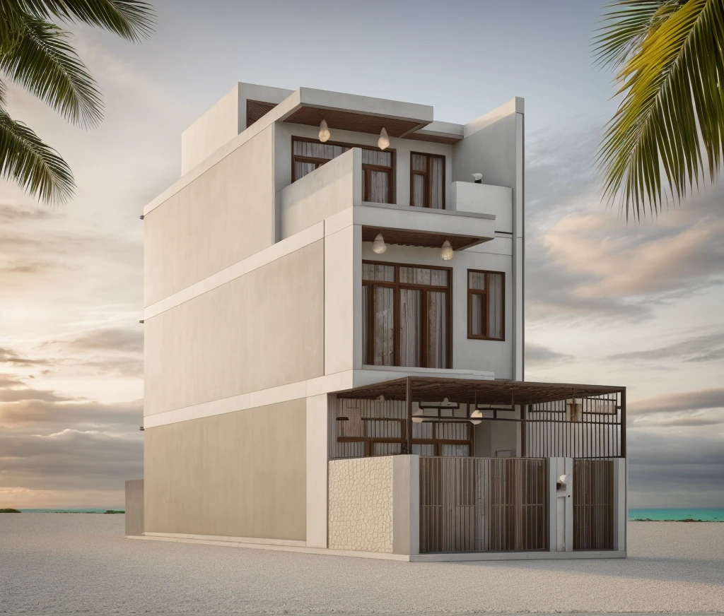 award winning photography of house in (tropical style), tropical landscape, gravel coutyard