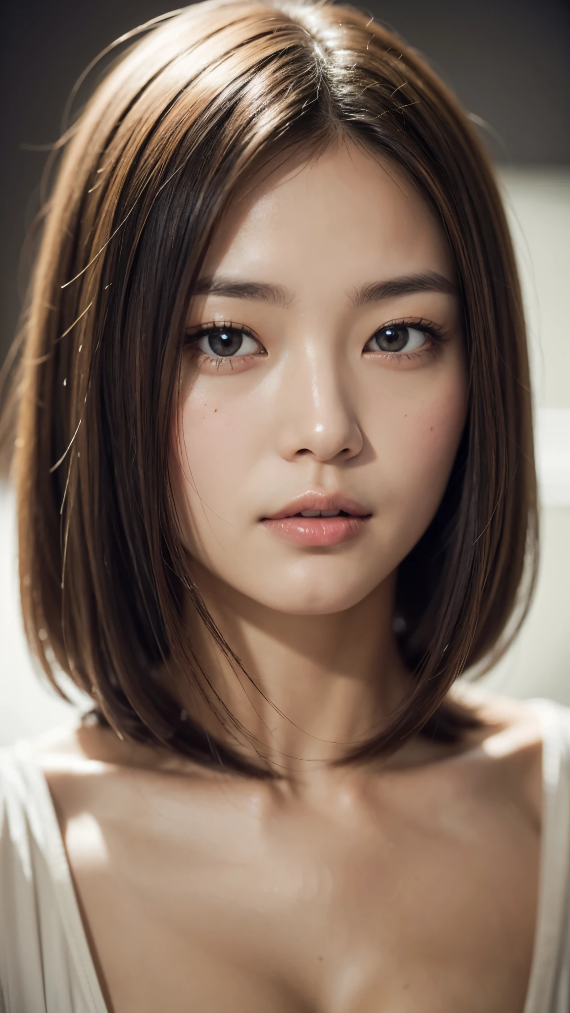 (masterpiece),(Highest quality:1.2),(Very detailed:1.2),(High resolution),(Photorealistic Stick),(RAW Photos),8K,Backlight,(Depth of written boundary),(Sleek lighting:1.2),Close-up of a clothed woman,Soft portrait shots,Beautiful Japanese Women,Gorgeous face portrait,(Eye light,Sharp pupils,Detailed eye drawing,)Very beautiful face,(Detailed skin texture:1.3),Beautiful portrait,A lovely and delicate face,Beautiful young Japanese woman,Short Bob,Look this way,front,(POV shot)