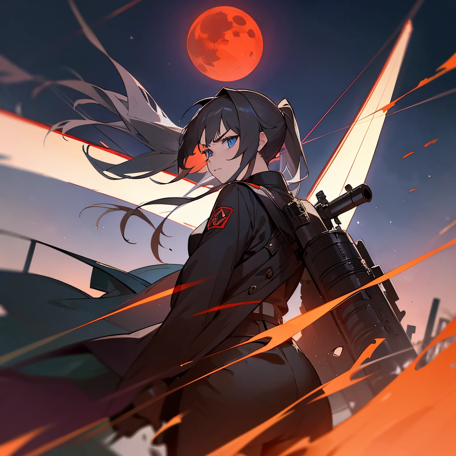Facing forward girl uniform(black) Spectacular Background A shooting star is falling Beautiful night view ponytail My hair reaches down to my butt She is on the right On the left you can see the destroyed city. He has a big sniper rifle A slightly annoyed face The main gun of the Yamato battleship is attached to the back. The clothes have airplanes on them A fighter jet is flying at the top of the background Red Moon blue eyes It has mechanical wings on its back.