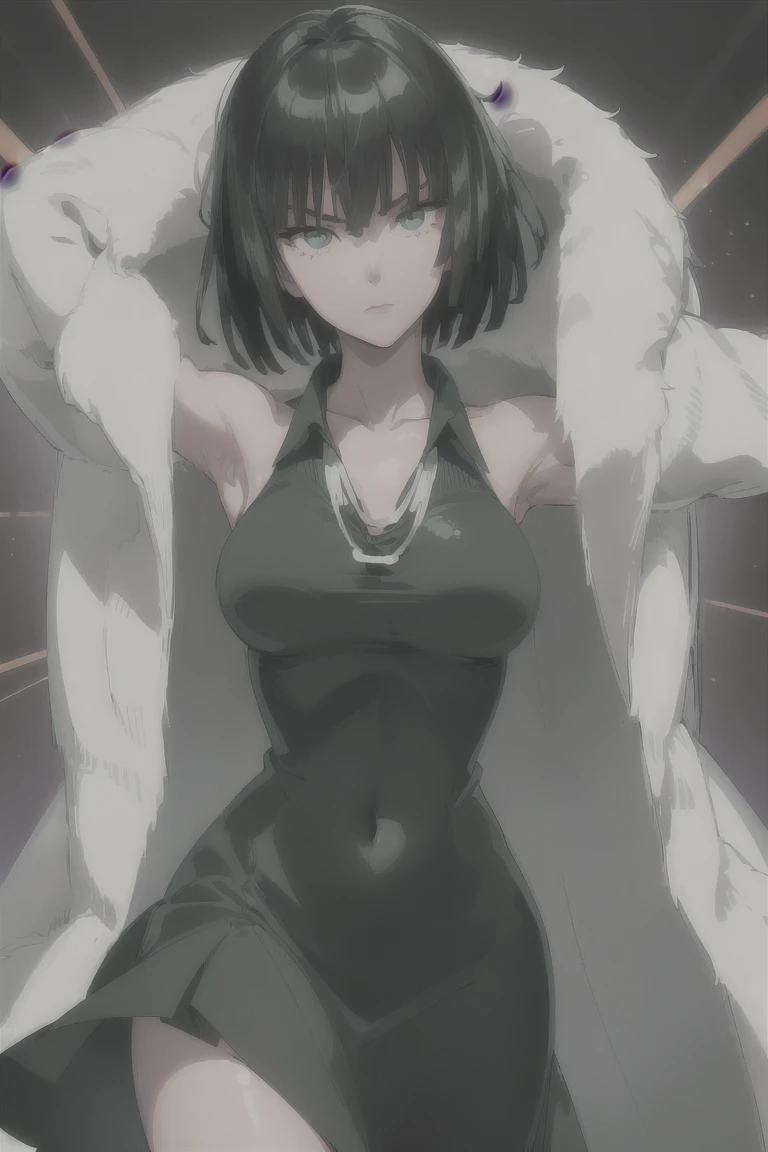 (((pixel-perfect, detail-perfect))), solo, 1girl, fubuki, fur coat, collared dress, collarbone, necklace, looking at viewer, closed mouth((( sexy pose arms above)))