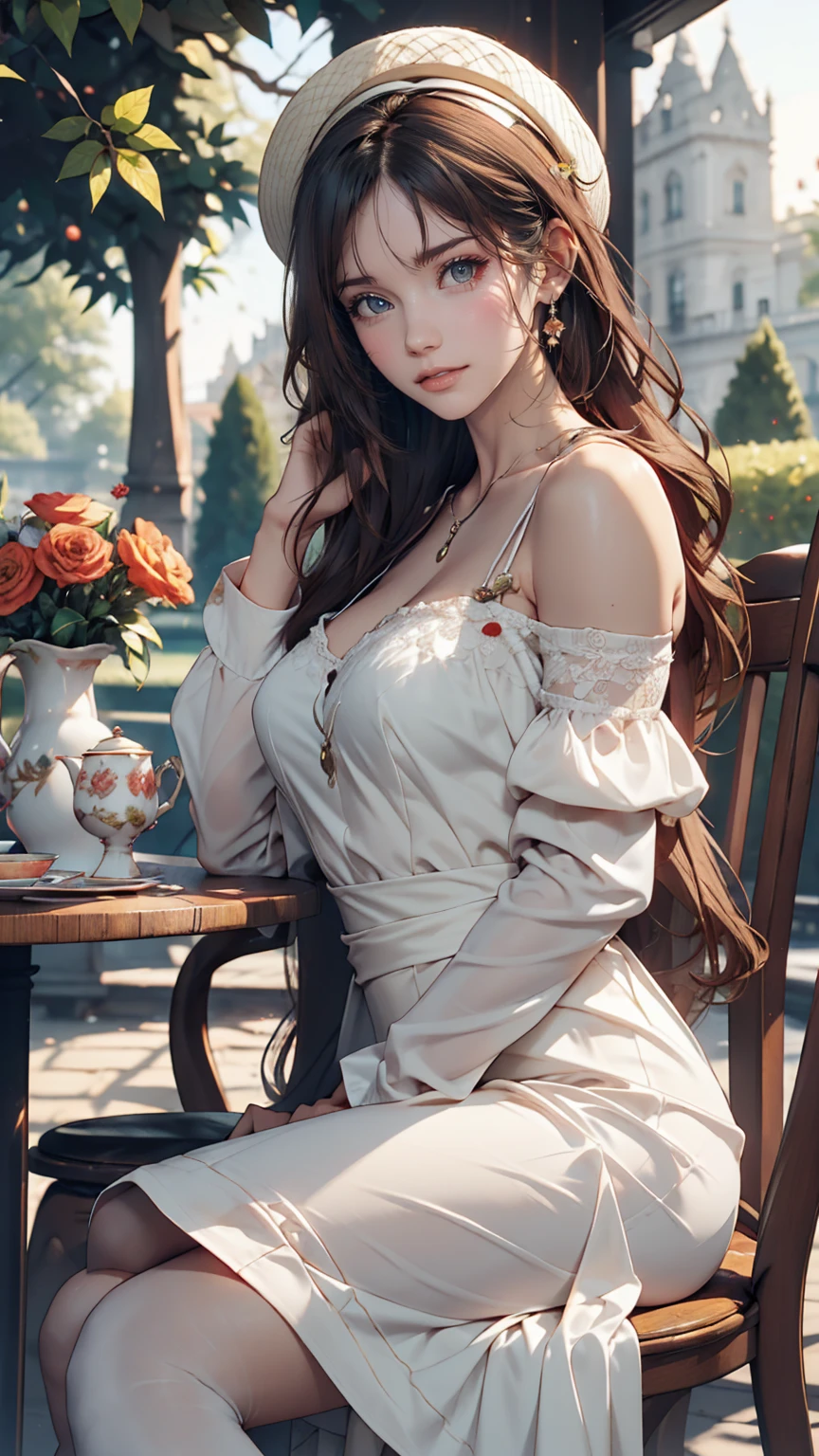 24 year old Caucasian female、Sexy proportions、Sexy、smile、smile、happiness、Flower-filled palace gardens、Tables and chairs on the lawn、A complete English tea set is placed on the table.、Sit in a chair and enjoy afternoon tea time、Wear an off-the-shoulder dress、Wear stiletto heels、The brim is wide and decorated with flowers.(Used by nobles)Wear your hat at an angle