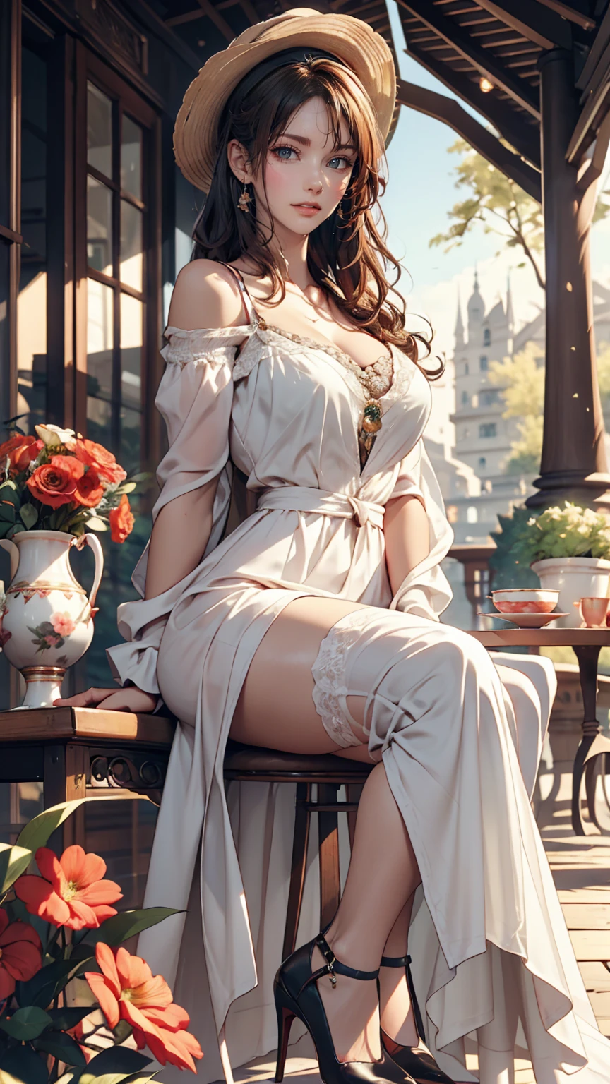 24 year old Caucasian female、Sexy proportions、Sexy、smile、smile、happiness、Flower-filled palace gardens、Tables and chairs on the lawn、A complete English tea set is placed on the table.、Sit in a chair and enjoy afternoon tea time、Wear an off-the-shoulder dress、Wear stiletto heels、The brim is wide and decorated with flowers.(Used by nobles)Wear your hat at an angle