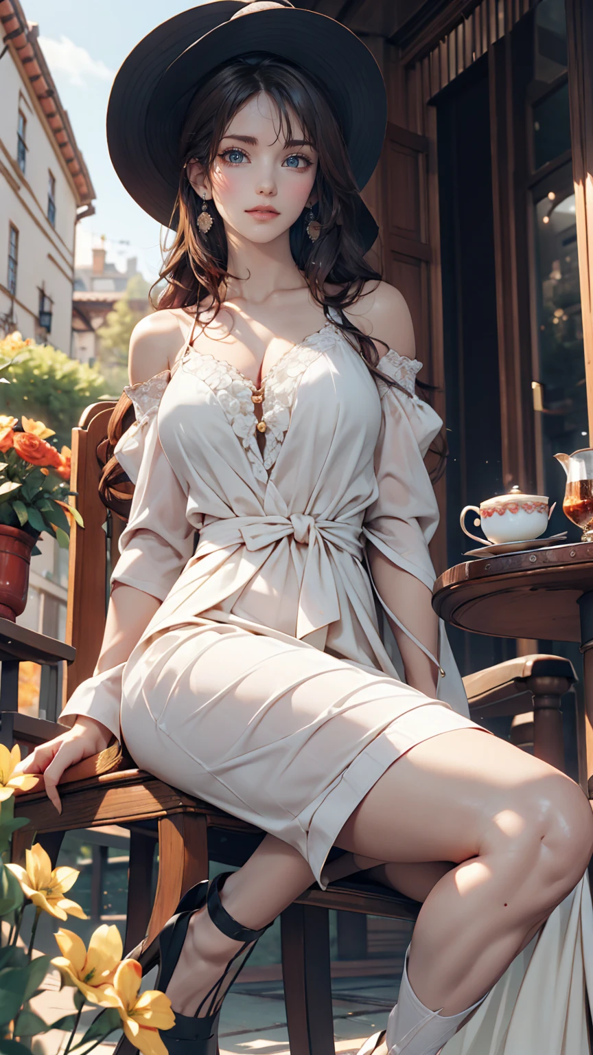 24 year old Caucasian female、Sexy proportions、Sexy、smile、smile、happiness、Flower-filled palace gardens、Tables and chairs on the lawn、A complete English tea set is placed on the table.、Sit in a chair and enjoy afternoon tea time、Wear an off-the-shoulder dress、Wear stiletto heels、The brim is wide and decorated with flowers.(Used by nobles)Wear your hat at an angle