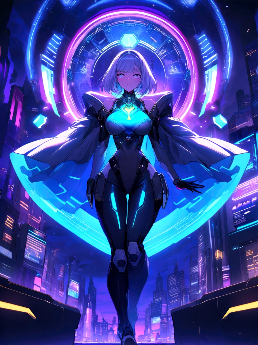 he: Cyberpunk Future Core: Blue neon light, Purple and black style background: Futuristic night cityscape with skyscrapers and neon lights.

text: "Sidi Bou" Written in modern futuristic font in blue or purple neon tones.

Additional Elements: Including futuristic elements such as holograms, Light, Distortion effects or digital circuits，Make your banner look high-tech.