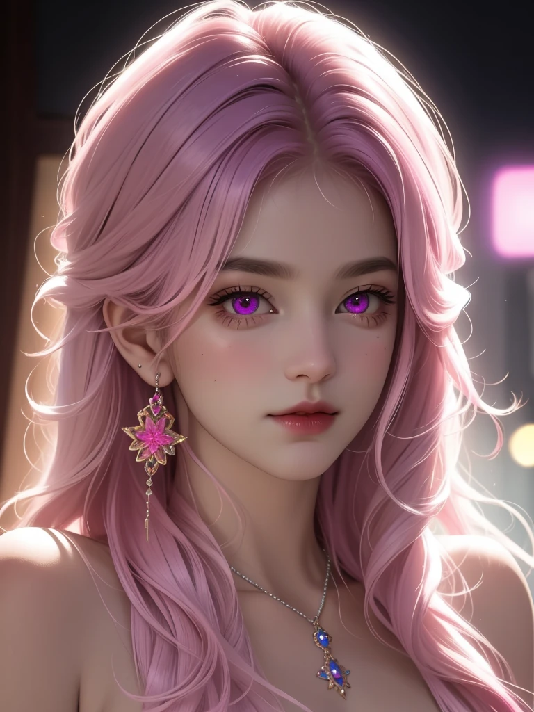 best quality, masterpiece, High target, 1 Girl, nude, Hair Decorationss, necklace, Decorations, Pretty Face, When the body, Tyndall effect, Realistic Portraits, Dark Studio, Edge lighting, Two-color light, (Very delicate skin:1.2), 8K uhd, Digital SLR Camera, Soft Light, high quality, Volumetric Lighting, Honest, photo, high resolution, 4K, 8K, Bokeh, Purple hair,pink hair tips, Pink Eyes.