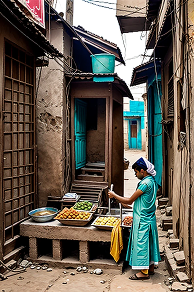 /imageIntroduction to Ramu**: Describe Ramu's daily life and his small water-puri stall in a narrow alley of Mumbai.
- Example: "رامو ایک غریب آدمی تھا جو بمبئی کی ایک چھوٹی سی گلی میں پانی پوری بیچتا تھا۔" ..ar3:2