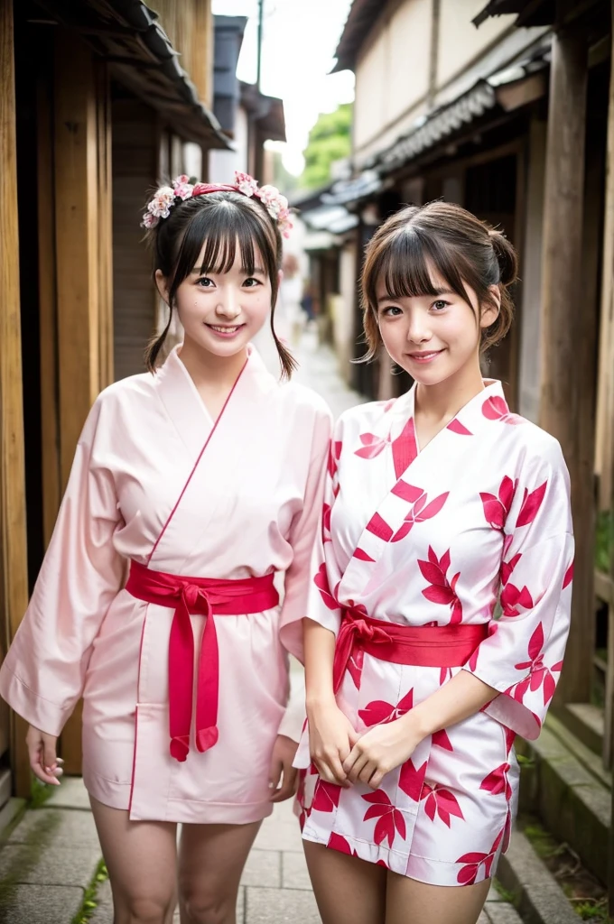 2 girls standing in old-Japanese street,floral pink yukata with red obi,18-year-old,bangs,a little smile,thighs,knees,short hair and low pigtails with red ribbon bow,from before,front light