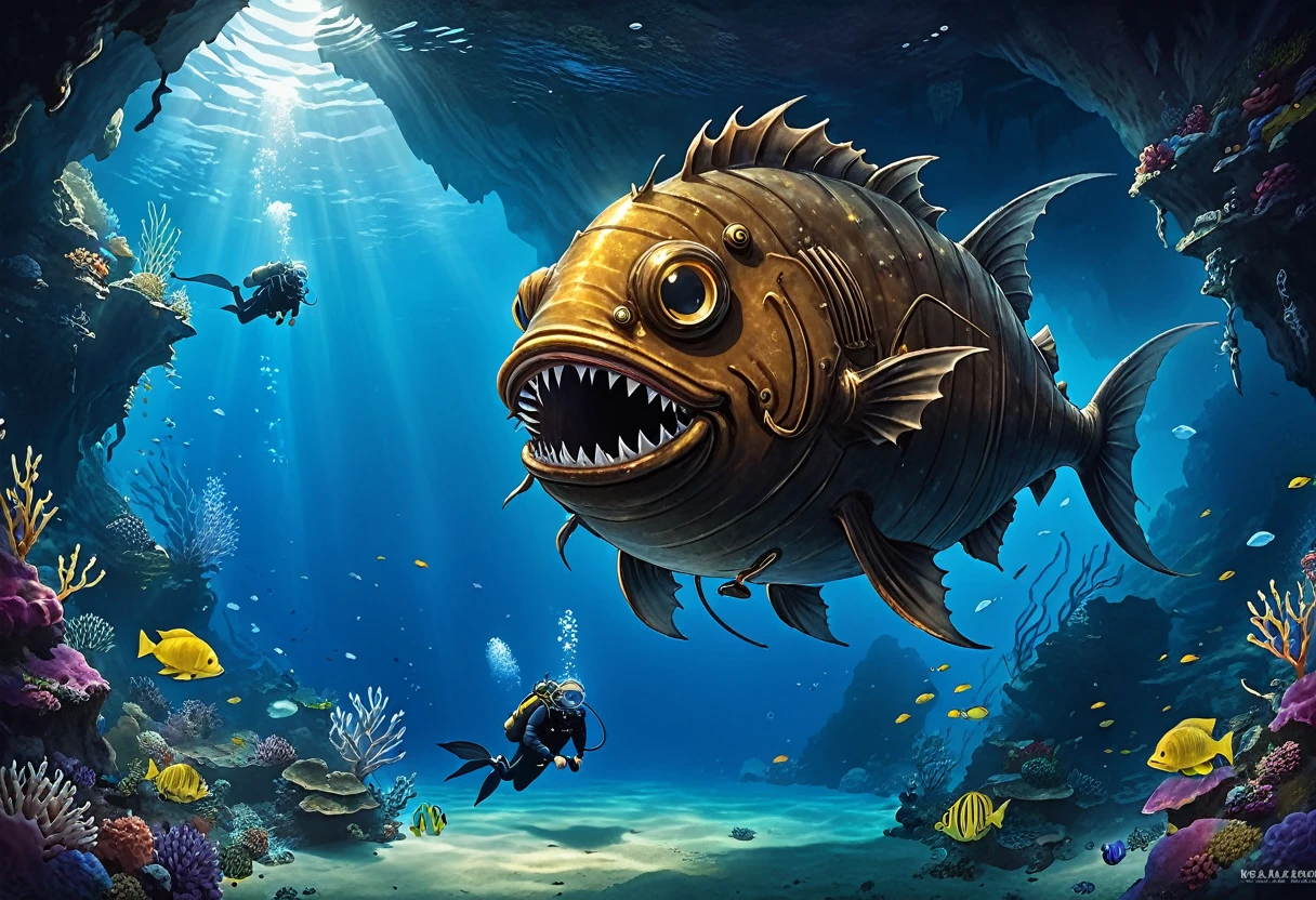 An anglerfish monster disguised as a giant underwater cave、The treasure hunter divers approach without noticing.、