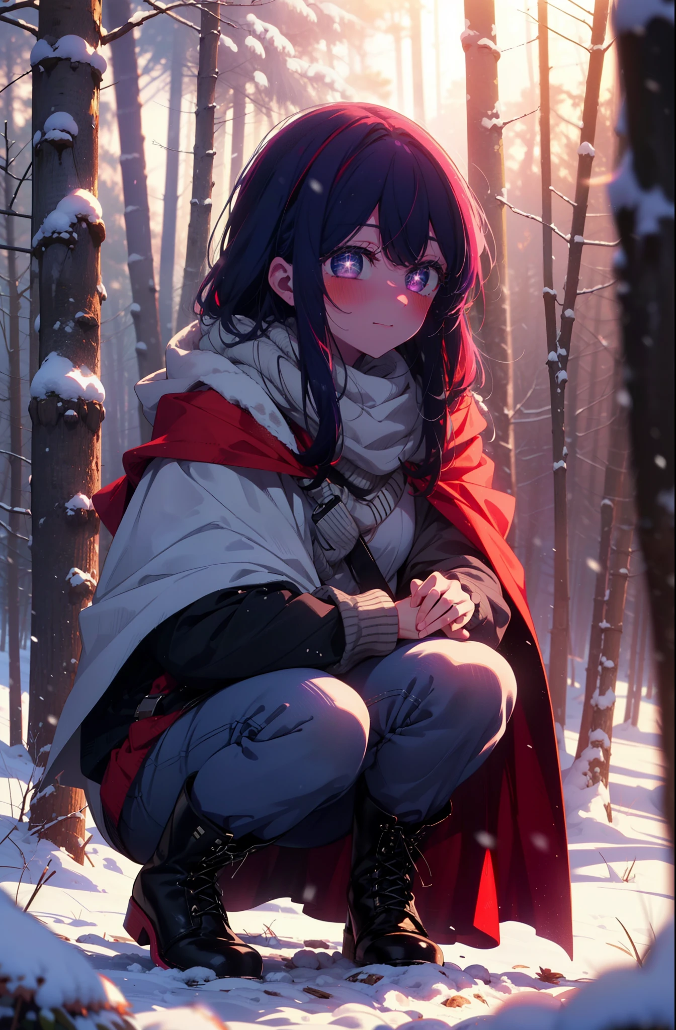aihoshino, Ai Hoshino, Long Hair, bangs, (Purple eyes:1.1), Purple Hair, (Symbol-shaped pupil:1.5), smile,,smile,blush,White Breath,
Open your mouth,snow,Ground bonfire, Outdoor, boots, snowing, From the side, wood, suitcase, Cape, Blurred, , forest, White handbag, nature, Squat, Mouth closed, Cape, winter, Written boundary depth, Black shoes, red Cape break looking at viewer, Upper Body, whole body, break Outdoor, forest, nature, break (masterpiece:1.2), Highest quality, High resolution, unity 8k wallpaper, (shape:0.8), (Beautiful and beautiful eyes:1.6), Highly detailed face, Perfect lighting, Extremely detailed CG, (Perfect hands, Perfect Anatomy),