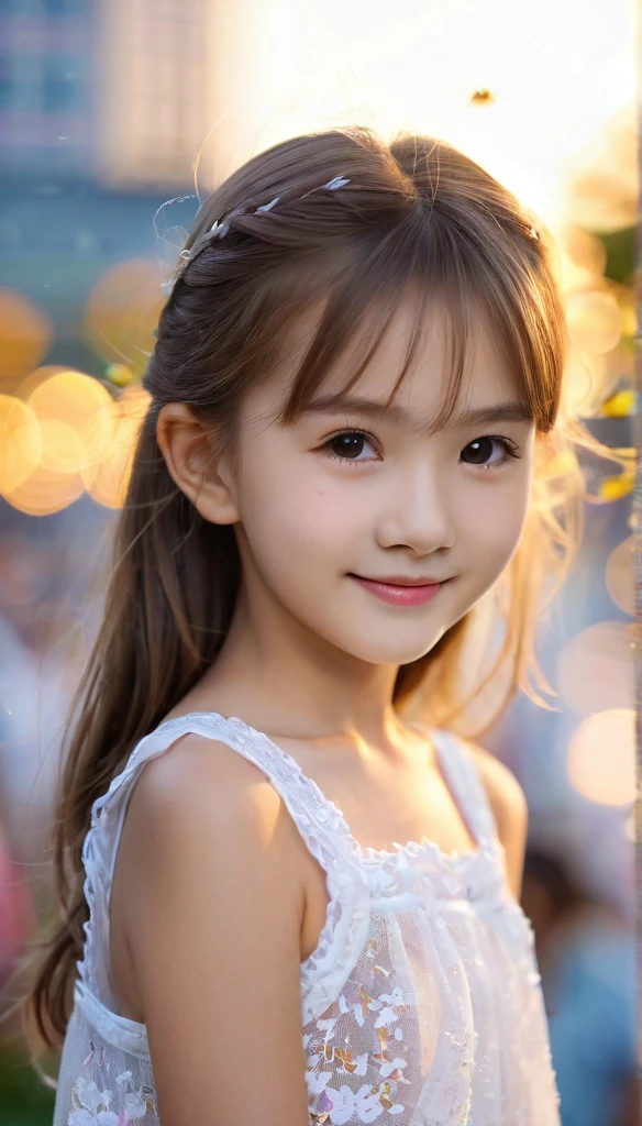 close-up of pretty Japanese_Russian girl,((flat chests:1.35)), wear see through fabric,outdoor, bokeh background, UHD, 32K, 10 years old, astonishingly pretty,absolutely cute,cute smile,very adorable, absolutely stunning,