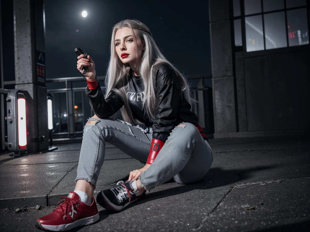 (Sci-fi fantasy), (Masterpiece), (professional oil painting) (best quality), (8k resolution), (1 beautiful girl), ((pale gray skin)), (iron gray skin), ((jeans clothes)),(red jacket)), ((black t-shirt underneath), ((red lipstick)), ((black sneakers)), (comcept art), , (long hair), (messy hair), (white hair), (iron gray hair), ((with futuristic weapon)), (ammunition), ((moonlight of the night)), (sitting thinking))