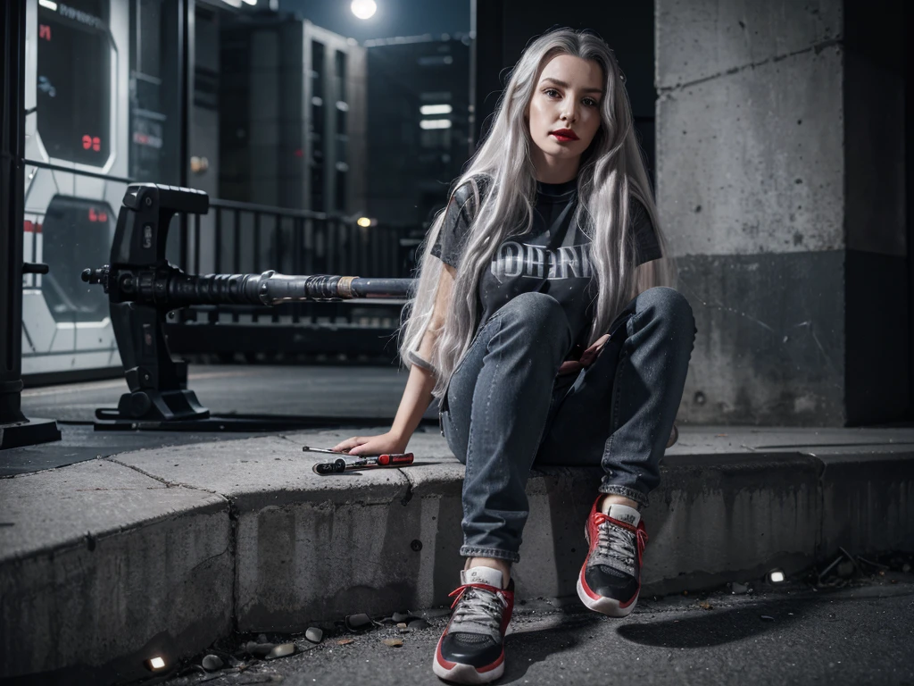 (Sci-fi fantasy), (Masterpiece), (professional oil painting) (best quality), (8k resolution), (1 beautiful girl), ((pale gray skin)), (iron gray skin), ((jeans clothes)),(red jacket)), ((black t-shirt underneath), ((red lipstick)), ((black sneakers)), (comcept art), , (long hair), (messy hair), (white hair), (iron gray hair), ((with futuristic weapon)), (ammunition), ((moonlight of the night)), (sitting thinking))