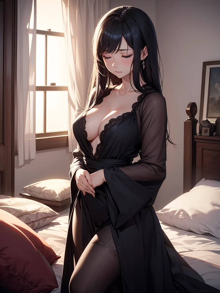 (masterpiece、top-quality、hight resolution、Unity 8k Wallpaper、extremely details CG:1), A lonely widow in an elegantly furnished bedroom is depicted during a quiet night. She sits on a plush bed, the dim light casting soft shadows around her. Her expression is one of deep longing as she clutches a pillow to her chest, her eyes slightly closed as if lost in a distant memory. Despite her refined and modest appearance, there is a subtle hint of desire in her gaze. The atmosphere is filled with a poignant mix of loneliness and a faint yearning for human touch, capturing the rare moment when a virtuous woman allows herself to feel a hint of desire. nsfw