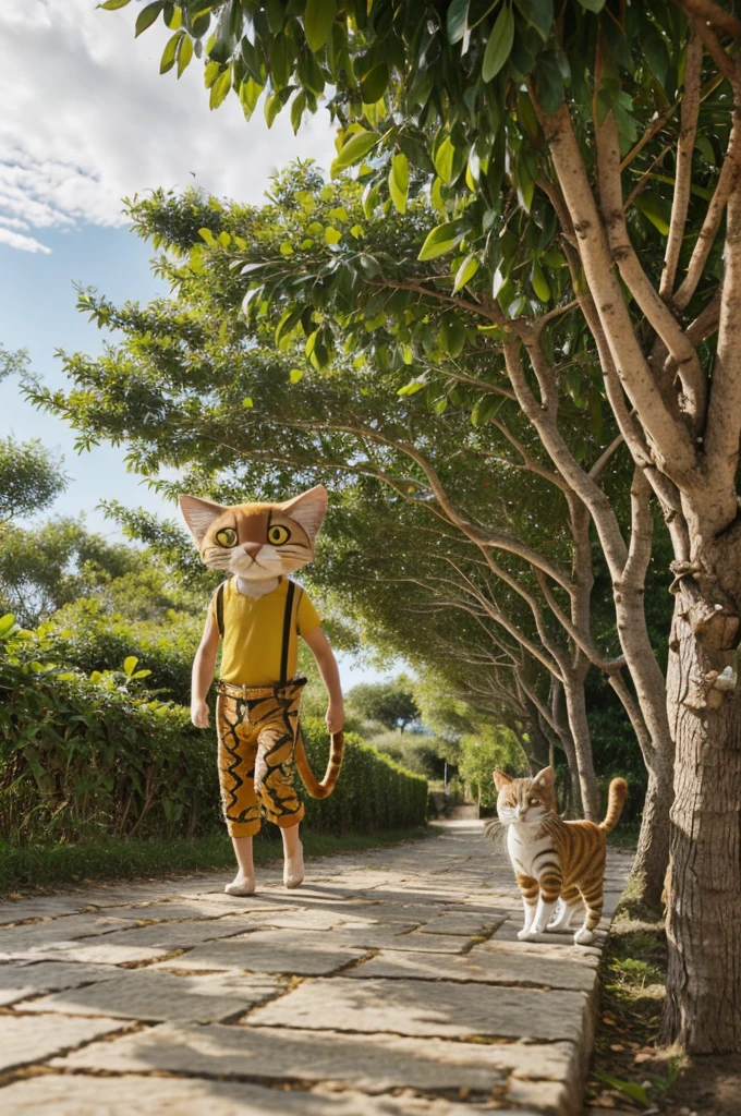 Creer moi un chat au couleur naturel du marsupilami et qui marche sur une toile de cordage entre les arbres