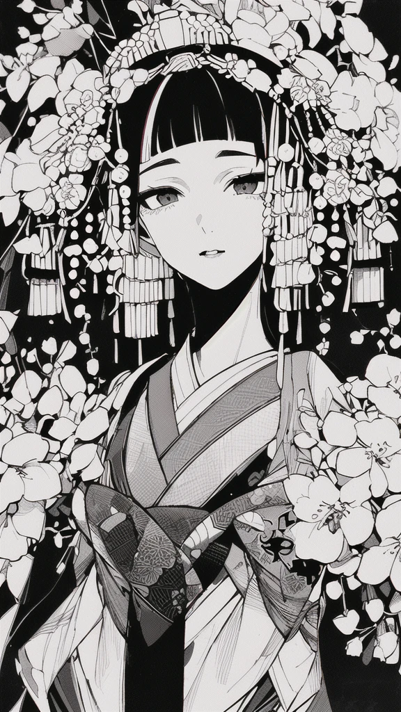 {{{{masterpiece}}}}, {{{hyper detailed}}}, {{{highres}}}, {{good anatomy}}, (((best quality))), ((an extremely delicate and beautiful)), {{an extremely detailed and delicate}}, {8k cg wallpaper}, {{illustration}}, (greyscale with colored background:1.05), (white and black background:1.1), flowers, (chromatic aberration:1.2), upper body, mature female, (1girl:1), solo, oiran, (japanese clothes:1.2), (pale face:1.2), medium breasts, hiten1,